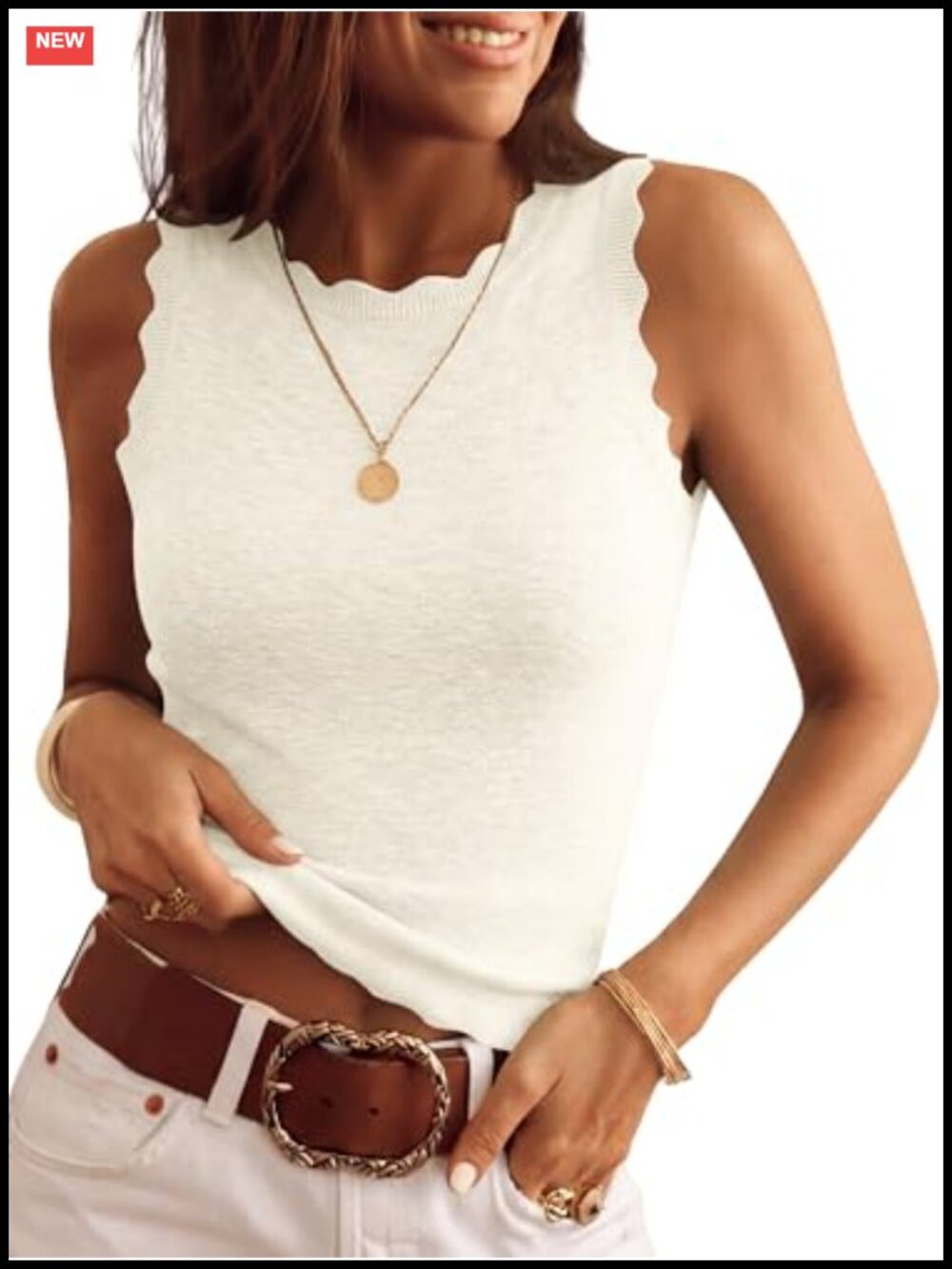 Women's Scalloped Sleeveless Ribbed Knit Tank Top Summer Casual